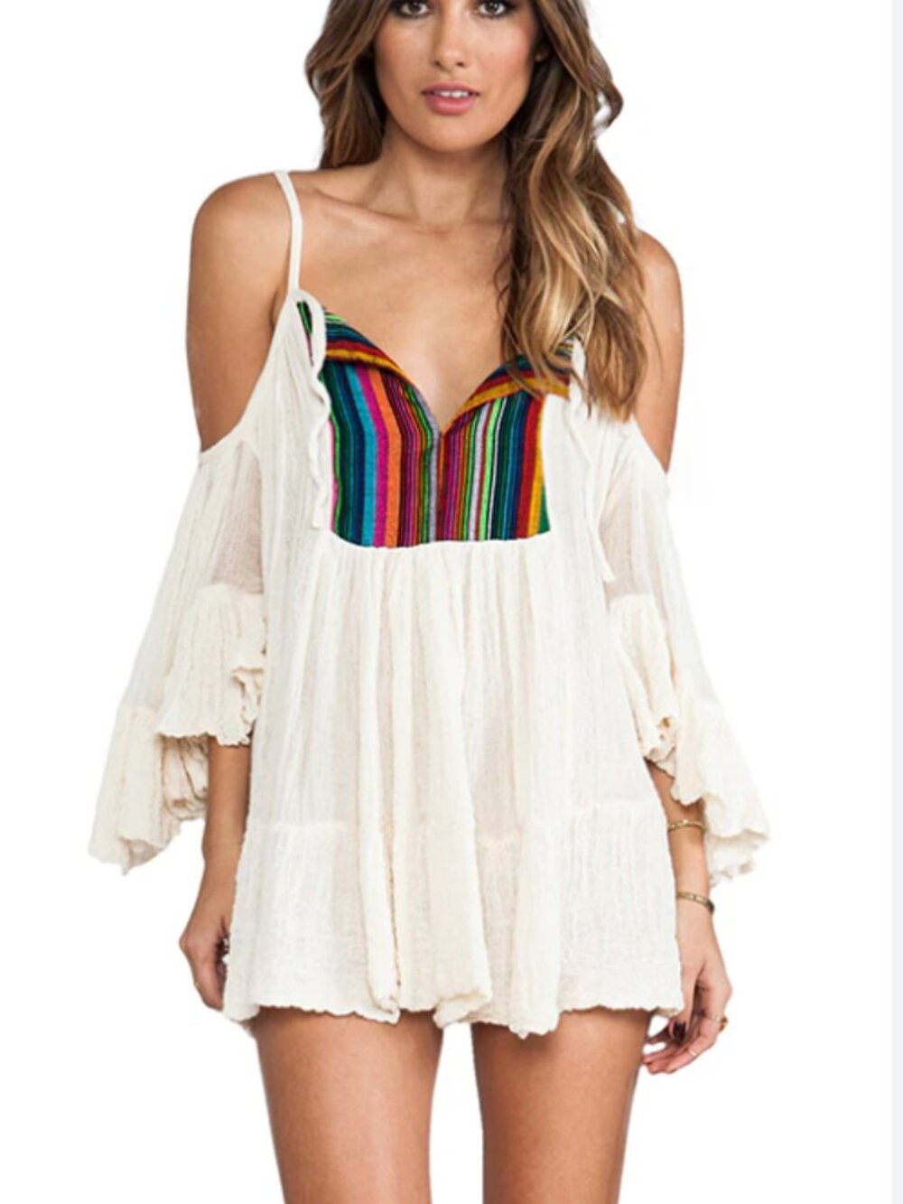 Jen's Pirate Booty Off Shoulder Gauze Boho Tunic Top Rainbow Embroidered OS